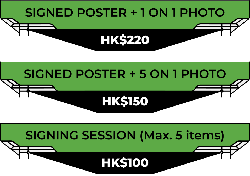 Add-on options: Signed Poster plus 1-on-1 Photo, HK$220. Signed Poster plus 5-on-1 Photo, HK$150. Signing Session, maximum 5 items, HK$100.