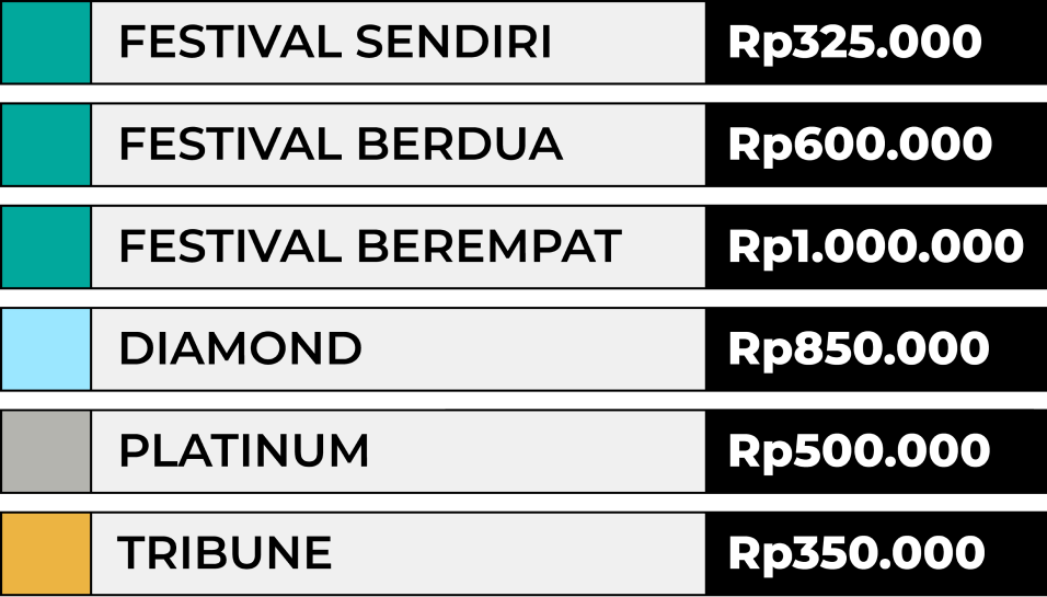 Festival Sendiri Rp325.000. Festival Berdua Rp600.000. Festival Berempat Rp1.000.000. Diamond Rp850.000. Platinum Rp500.000. Tribune Rp350.000.