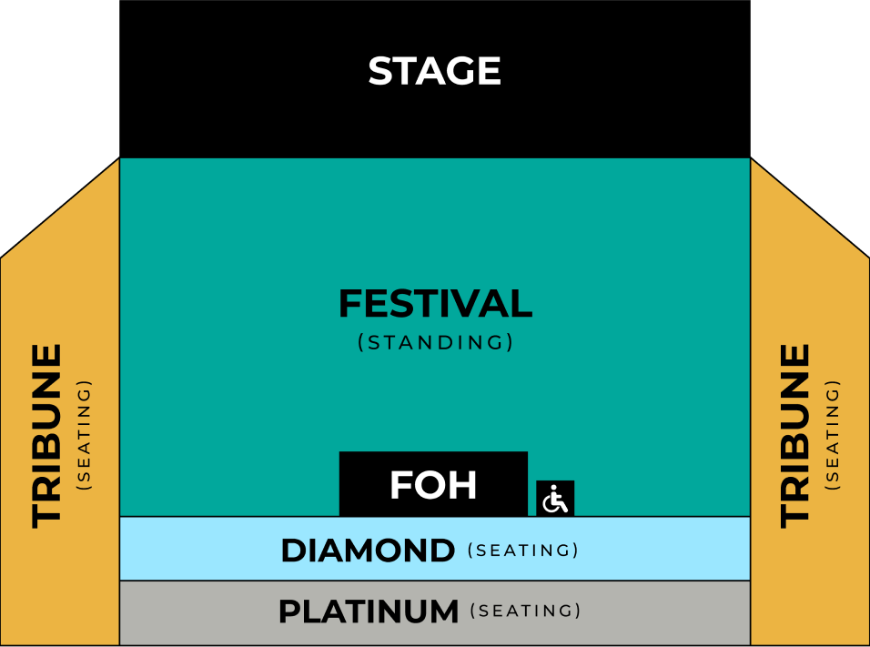 Denah tempat duduk Tennis Indoor Senayan — panggung di depan, area Festival berdiri di tengah, Diamond dan Platinum di belakangnya, Tribune di kiri dan kanan, serta area kursi roda di samping FOH.