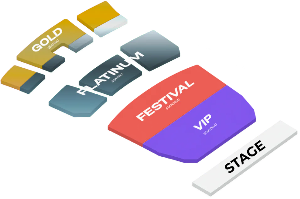 Denah tempat duduk — panggung di kanan, area Festival dan VIP berdiri berdampingan di depan panggung, lalu Platinum dan Gold duduk di belakangnya.