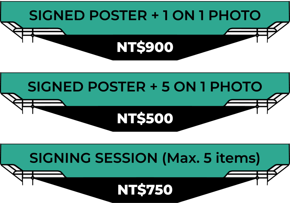 Add-on options: Signed Poster plus 1-on-1 Photo, NT$900. Signed Poster plus 5-on-1 Photo, NT$500. Signing Session, maximum 5 items, NT$750.